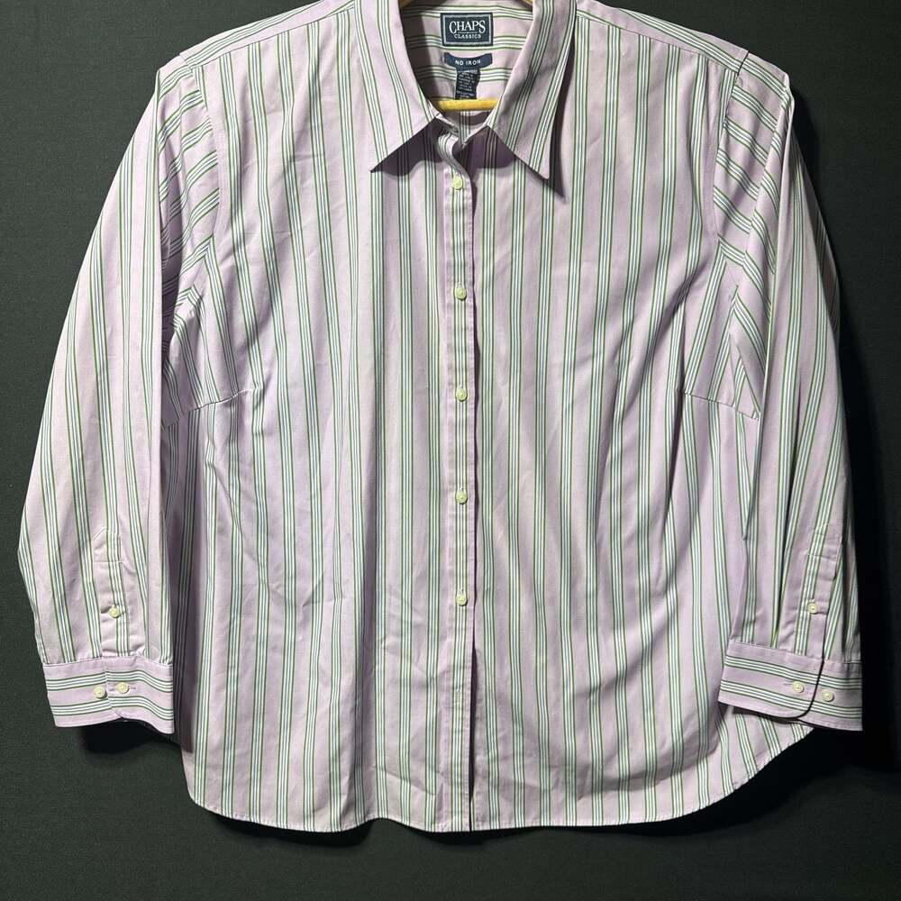 Chaps Classics No Iron ButtonUp Blouse, Lavender/Green Stripes, Women Size 3XL